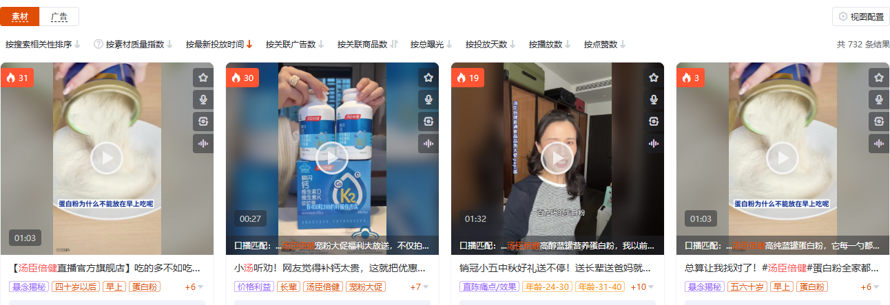 抖音滋补保健品类(品类 ID 150)商品广告素材列表截图,展示在投素材结构
