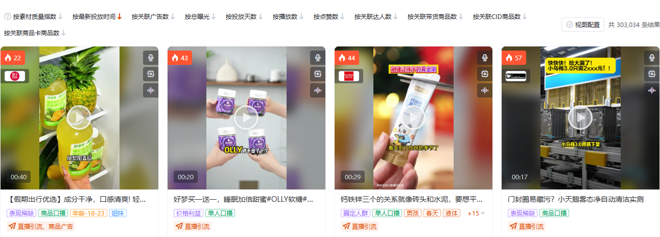 有米有数滋补保健全局素材搜索视图,可按曝光阈值分层筛选素材