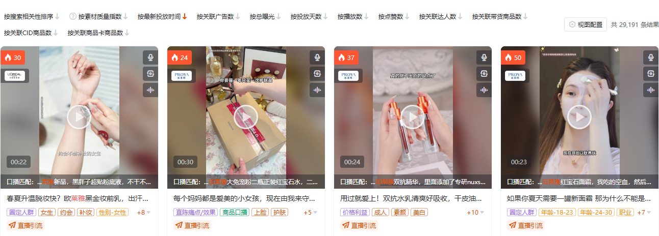 抖音彩妆护肤品类全局素材搜索页截图,按品类 ID 109 定向,展示素材供给密度与结构