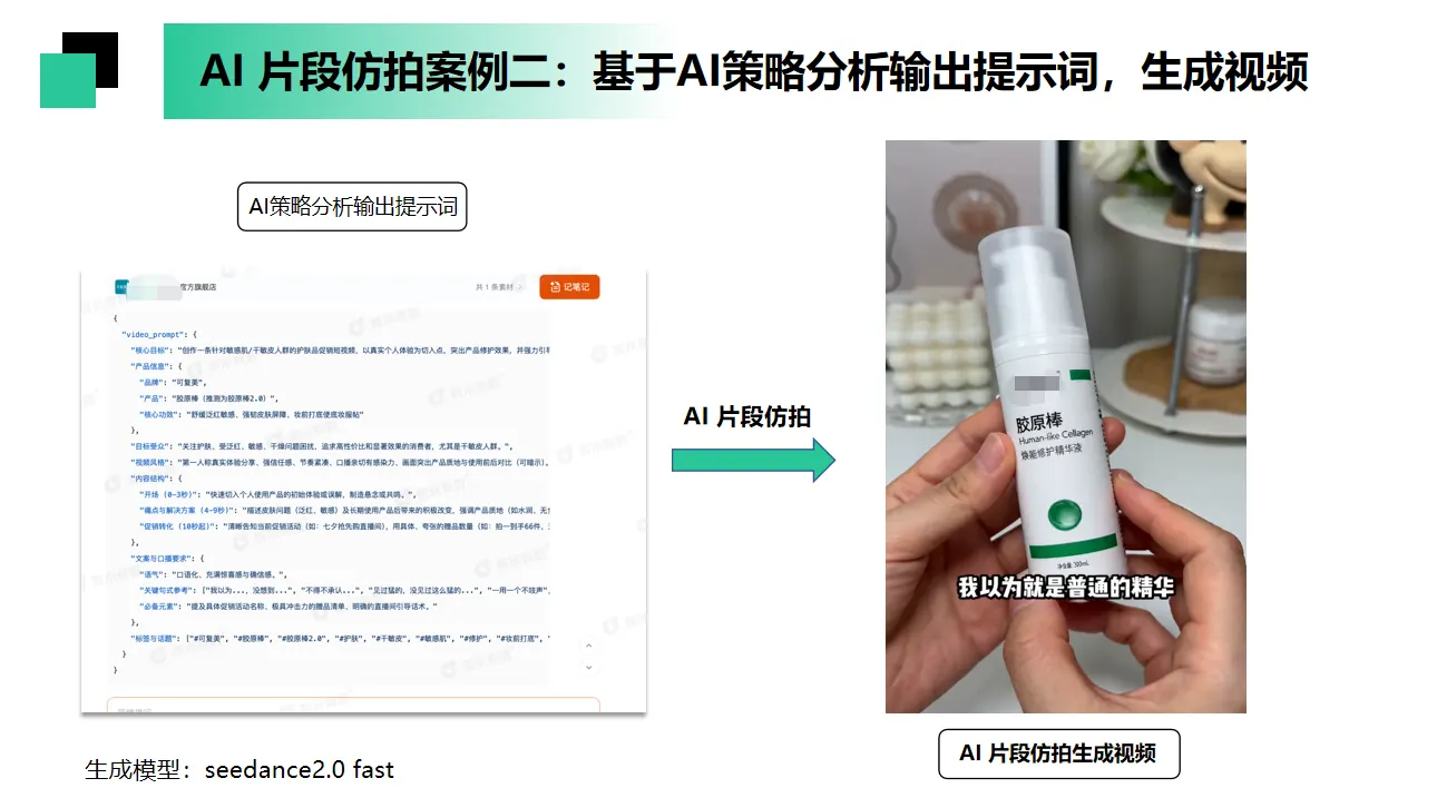 图片展示了AI片段仿拍案例二，基于AI策略分析输出提示词，生成视频。左侧是AI策略分析输出的提示词界面，右侧是AI片段仿拍生成的视频画面，画面中双手拿着一款名为“珍原稀”的产品。该案例说明在滋补健康行业，通过AI策略分析输出提示词，可生成短视频片段，此图与上下文介绍的用Seedance2.0生成15秒短视频片段的内容相呼应，展示了AI在短视频创作中的应用。